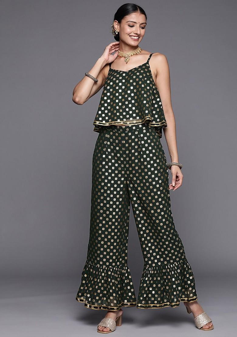 Green Women Green And Golden Ethnic Motifs Printed Coord Set