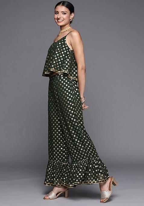 Green Women Green And Golden Ethnic Motifs Printed Coord Set