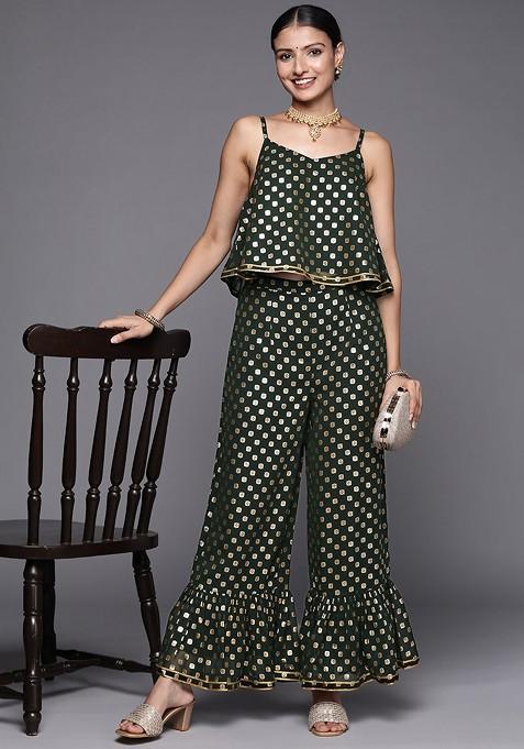 Green Women Green And Golden Ethnic Motifs Printed Coord Set