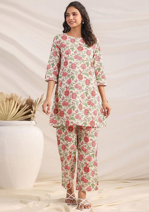 Off White Floral Printed Pure Cotton Aline Tunic And Trousers Coord Set