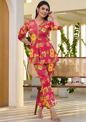 Pink Pink Floral Printed Pure Cotton Tunic And Trousers