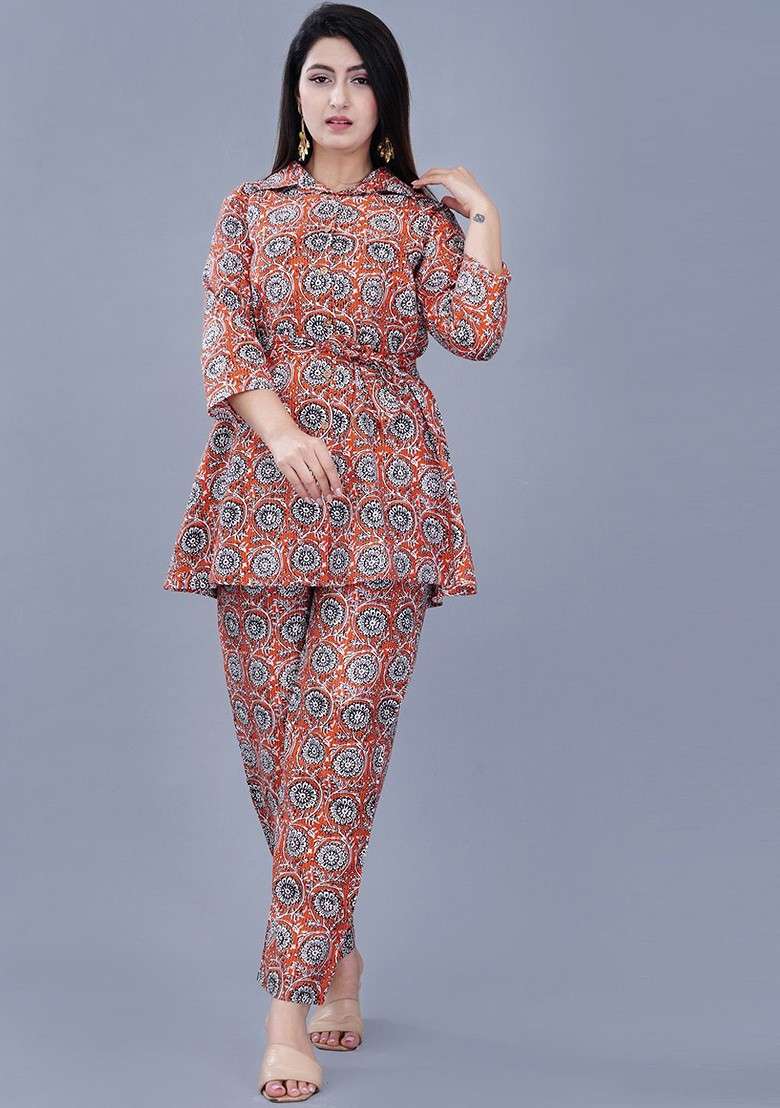 Orange Ethnic Motifs Printed Shirt Collar Coords Set - Indya
