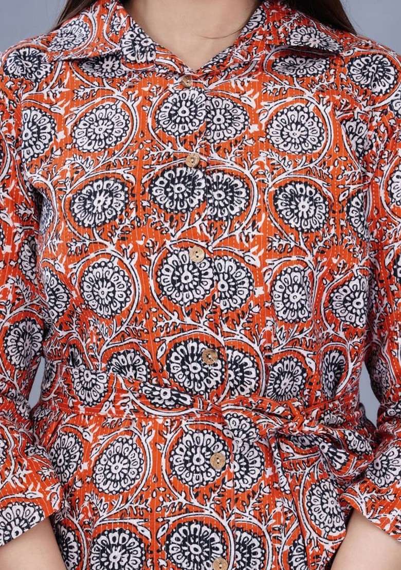 Orange Ethnic Motifs Printed Shirt Collar Coords Set - Indya