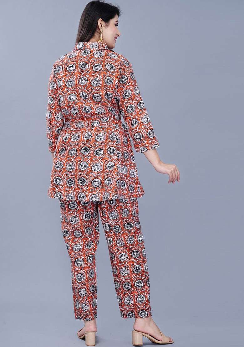 Orange Ethnic Motifs Printed Shirt Collar Coords Set - Indya
