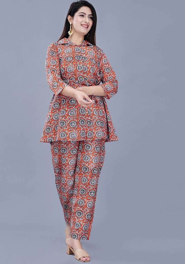 Orange Ethnic Motifs Printed Shirt Collar Coords Set - Indya