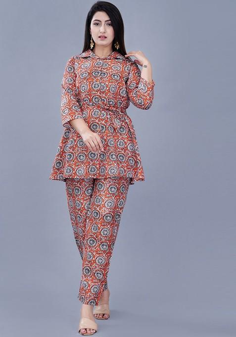 Orange Ethnic Motifs Printed Shirt Collar Coords Set — view on Indya