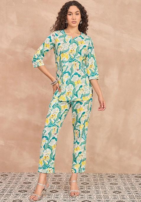 White Printed Pure Cotton Top And Flared Trousers Coords