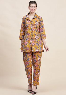 Mustard Floral Printed Shirt Collar Pure Cotton Tunic With Trousers