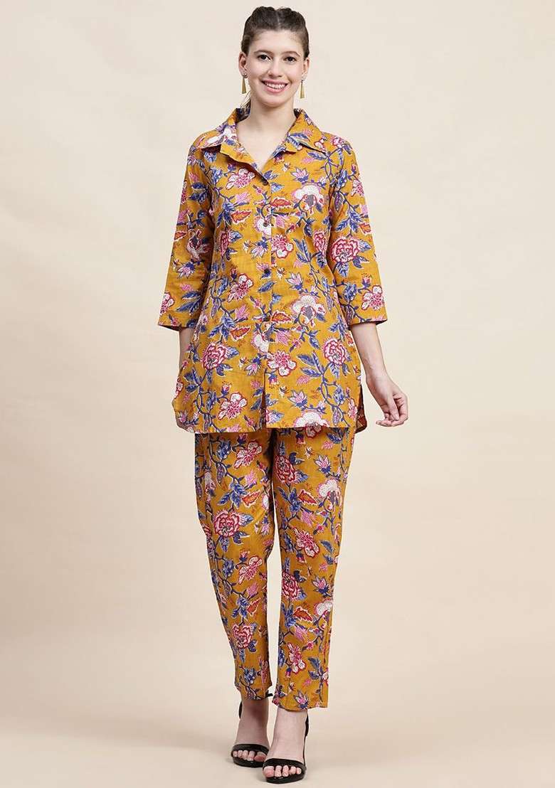 Mustard Floral Printed Shirt Collar Pure Cotton Tunic With Trousers - Indya