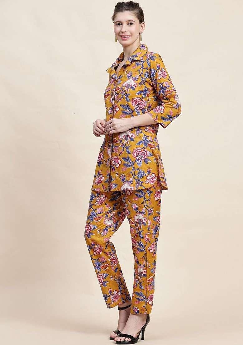 Mustard Floral Printed Shirt Collar Pure Cotton Tunic With Trousers - Indya