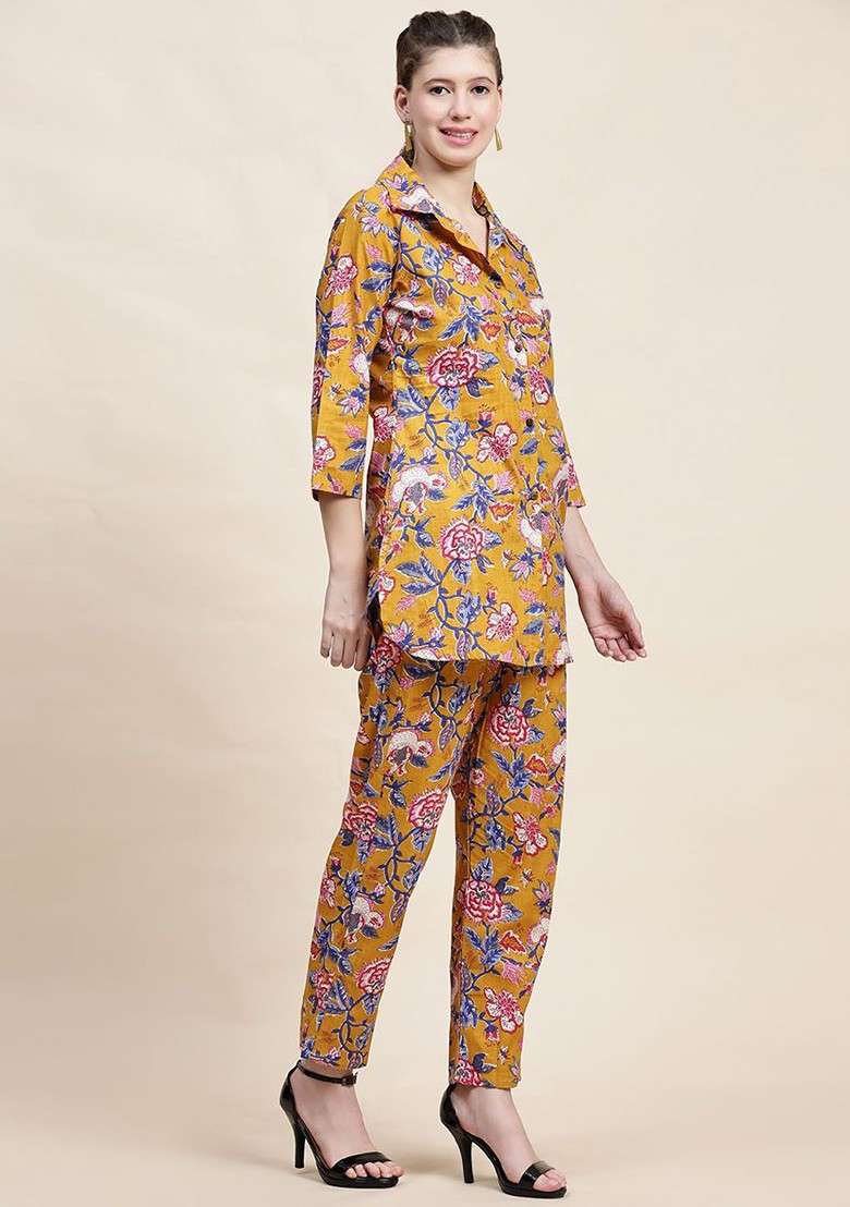 Mustard Floral Printed Shirt Collar Pure Cotton Tunic With Trousers - Indya