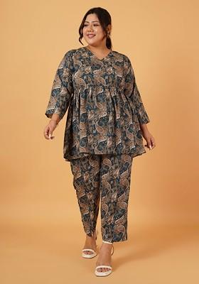 Blue Paisley Printed Vneck Tunic And Trouser