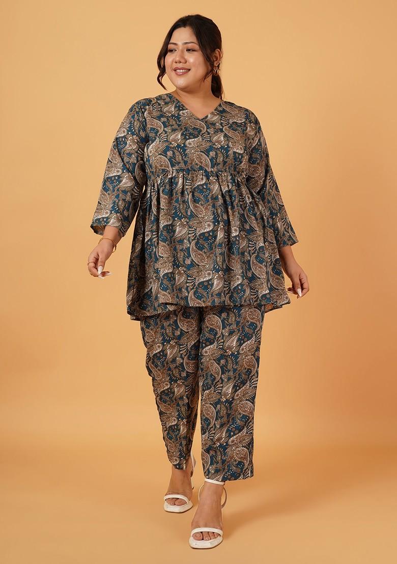 Blue Paisley Printed Vneck Tunic And Trouser - Indya