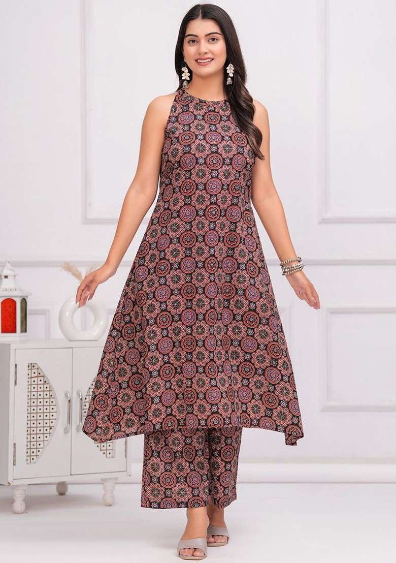 Black Floral Printed Pure Cotton Tunic And Palazzo - Indya