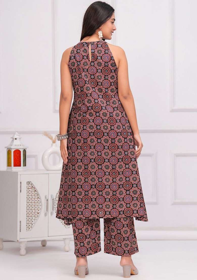 Black Floral Printed Pure Cotton Tunic And Palazzo - Indya