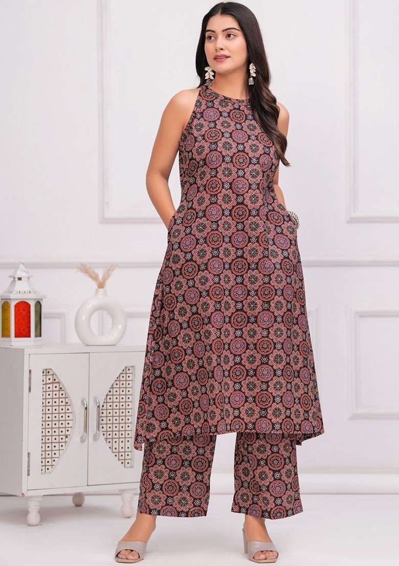 Black Floral Printed Pure Cotton Tunic And Palazzo - Indya