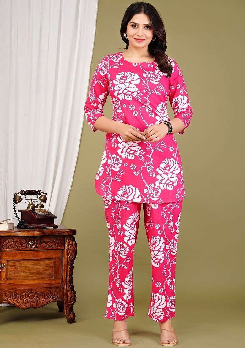 Pink Floral Printed Round Neck Pure Cotton Tunic With Trouser - Indya