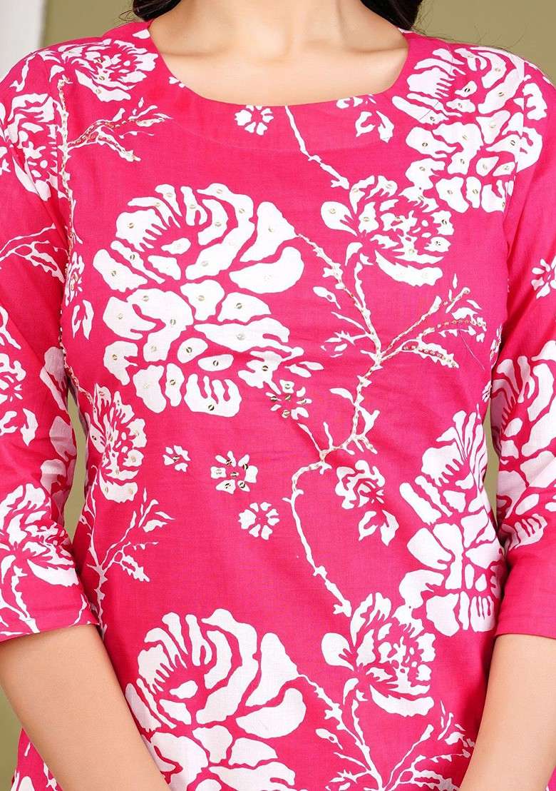 Pink Floral Printed Round Neck Pure Cotton Tunic With Trouser - Indya
