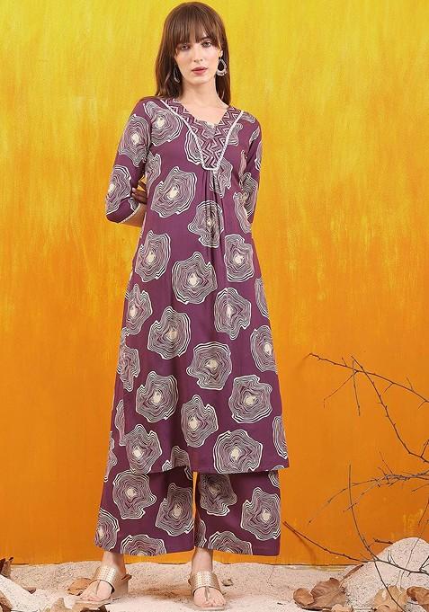 Purple Floral Printed Thread Work V Neck Empire Aline Tunic With Palazzos