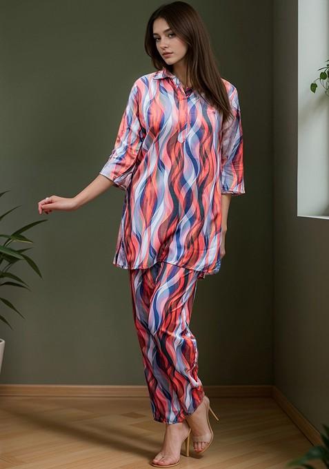 Red Pack Of 2 Abstract Printed Pure Cotton Tunic And Trousers