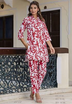 Red Floral Printed Tunic Ith Trousers
