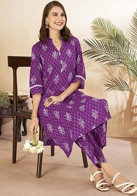 Purple Pure Cotton Printed Tunic With Trousers