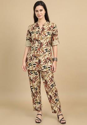 Beige Floral Printed Mandarin Collar Tunic With Trousers