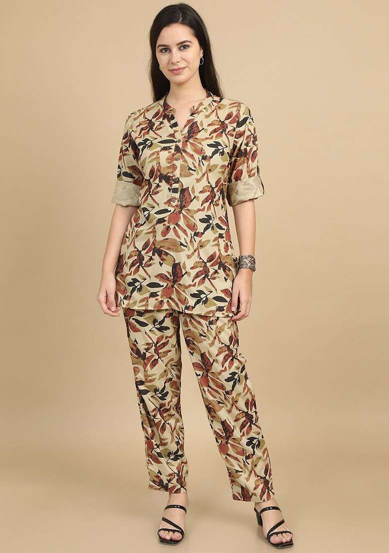 Beige Floral Printed Mandarin Collar Tunic With Trousers - Indya