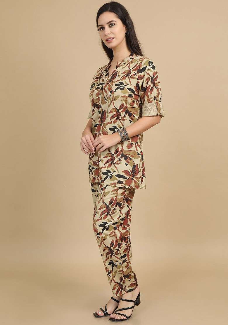 Beige Floral Printed Mandarin Collar Tunic With Trousers - Indya