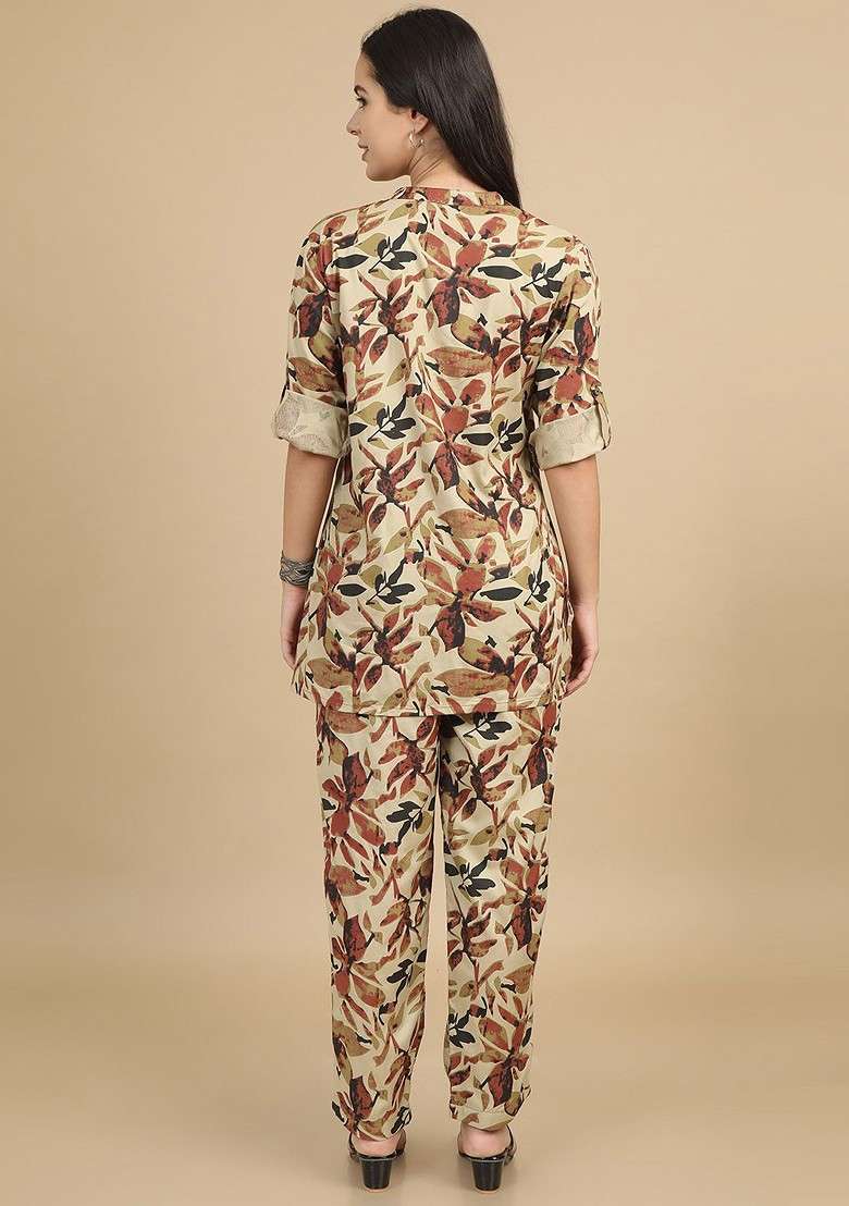 Beige Floral Printed Mandarin Collar Tunic With Trousers - Indya