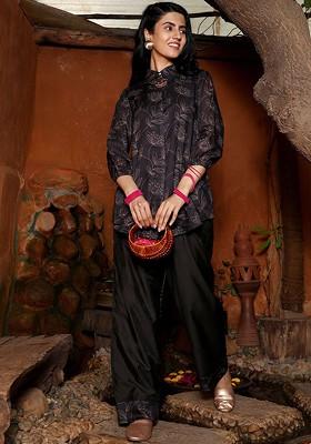 Black Women Floral Printed Spread Collar Bishop Sleeves Tunic With Palazzos