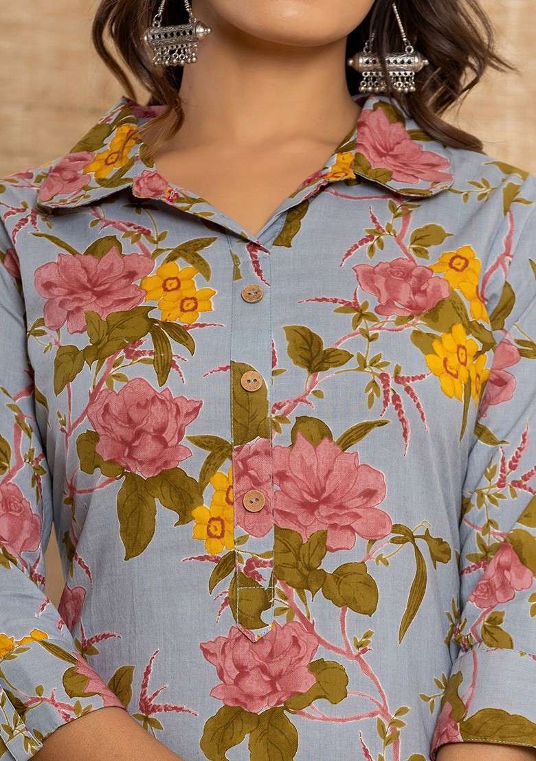 Blue Floral Printed Pure Cotton Ethnic Tunic With Trousers - Indya