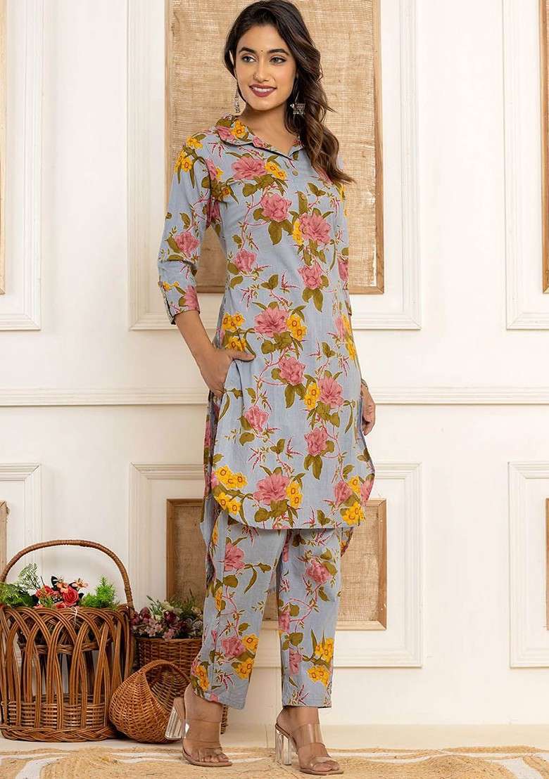Blue Floral Printed Pure Cotton Ethnic Tunic With Trousers - Indya