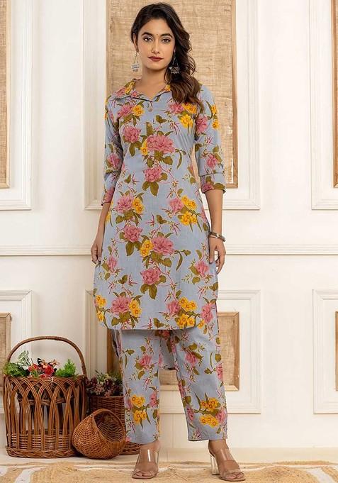 Blue Floral Printed Pure Cotton Ethnic Tunic With Trousers — view on Indya