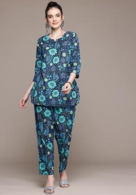 Black Floral Printed Pure Cotton Tunic With Trousers