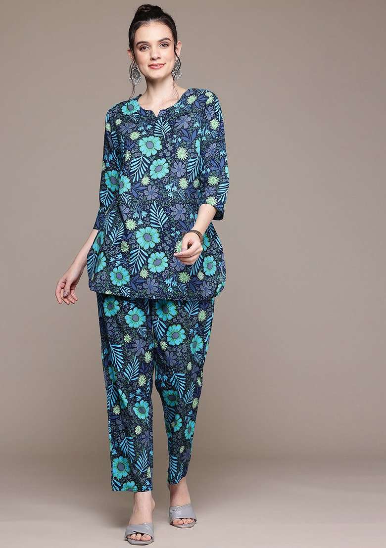 Black Floral Printed Pure Cotton Tunic With Trousers - Indya