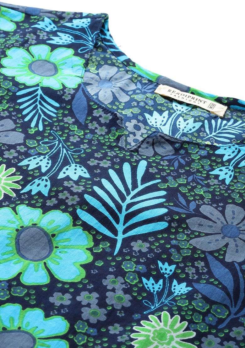 Black Floral Printed Pure Cotton Tunic With Trousers - Indya