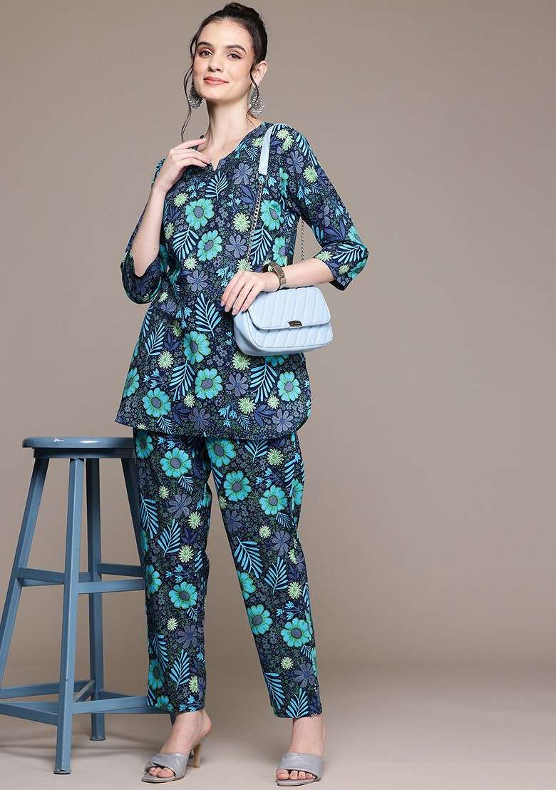 Black Floral Printed Pure Cotton Tunic With Trousers - Indya