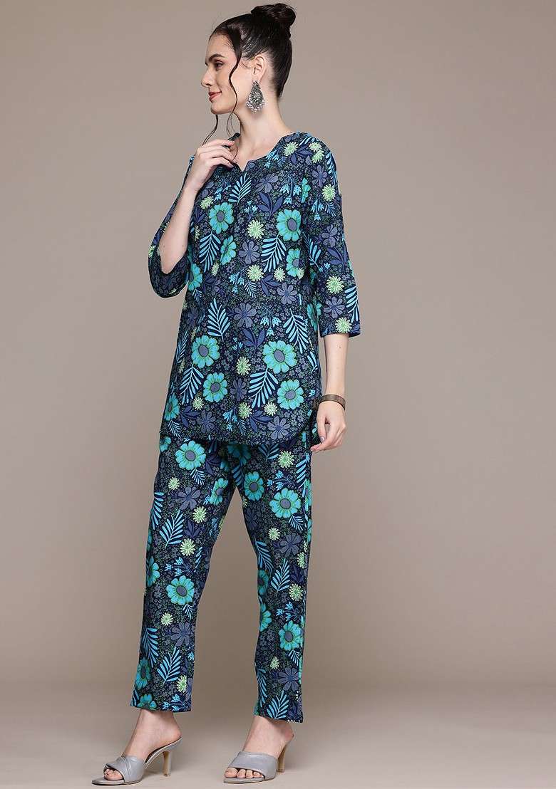 Black Floral Printed Pure Cotton Tunic With Trousers - Indya