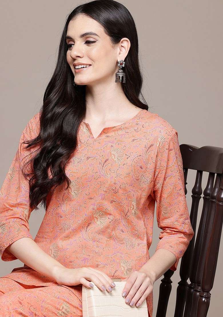 Peach Ethnic Motifs Printed Pure Cotton Coords - Indya