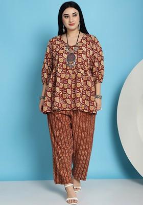 Red Floral Printed Pure Cotton Peplum Top With Trousers