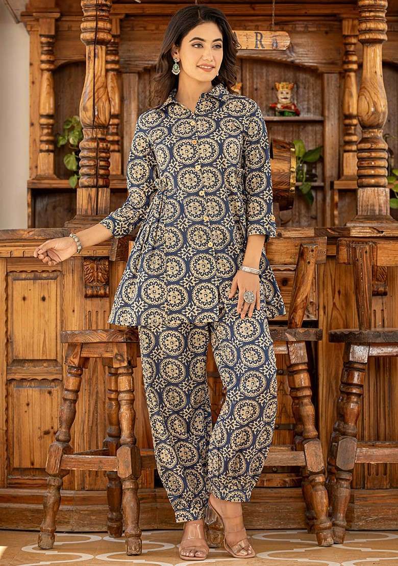 Navy Blue Ethnic Motifs Printed Shirt Collar Pure Cotton Top And Trouser - Indya