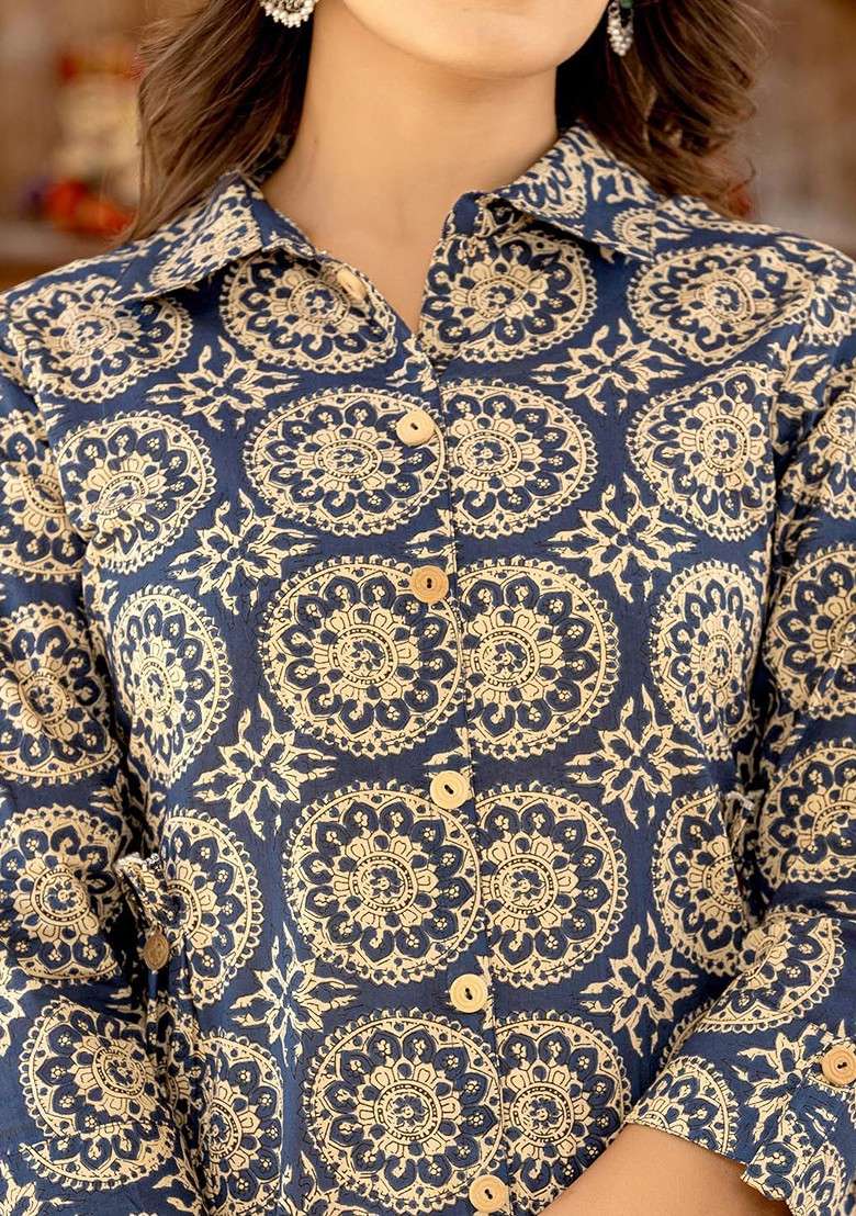 Navy Blue Ethnic Motifs Printed Shirt Collar Pure Cotton Top And Trouser - Indya