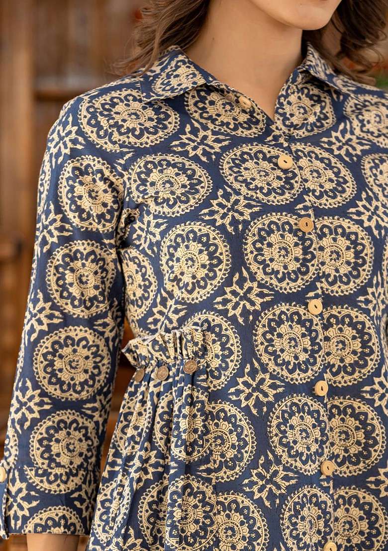 Navy Blue Ethnic Motifs Printed Shirt Collar Pure Cotton Top And Trouser - Indya