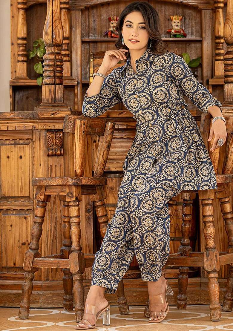 Navy Blue Ethnic Motifs Printed Shirt Collar Pure Cotton Top And Trouser - Indya