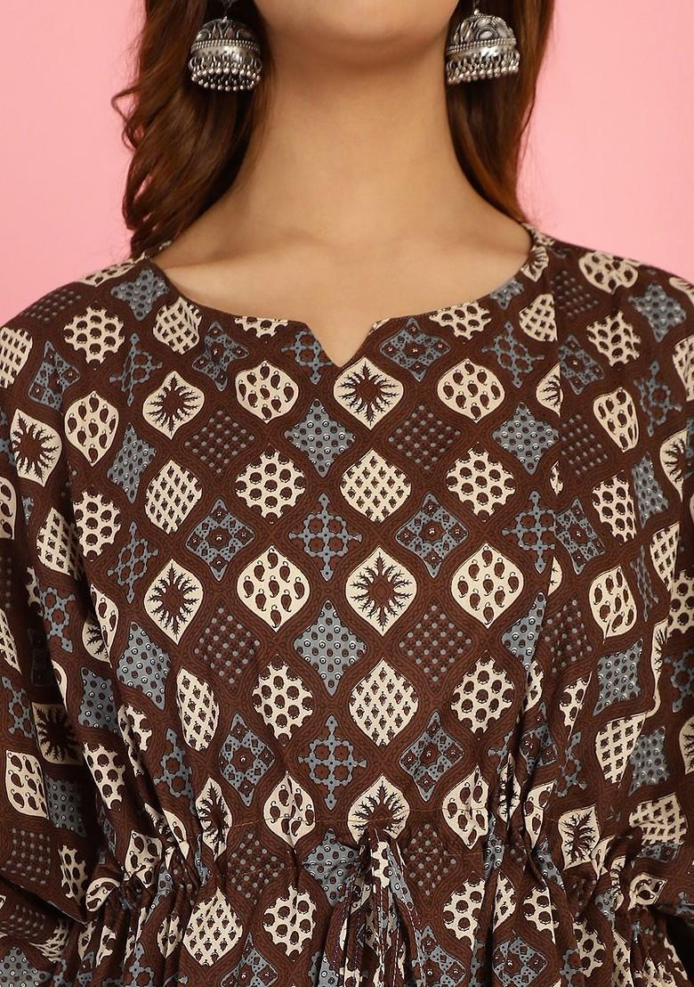 Brown Ethnic Motifs Printed Pure Cotton Kaftan With Trouser - Indya