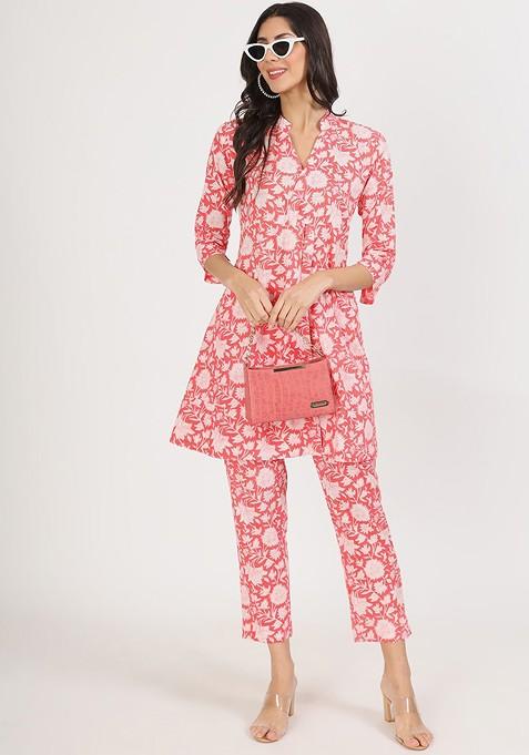 Pink Printed Pure Cotton Tunic And Trouser