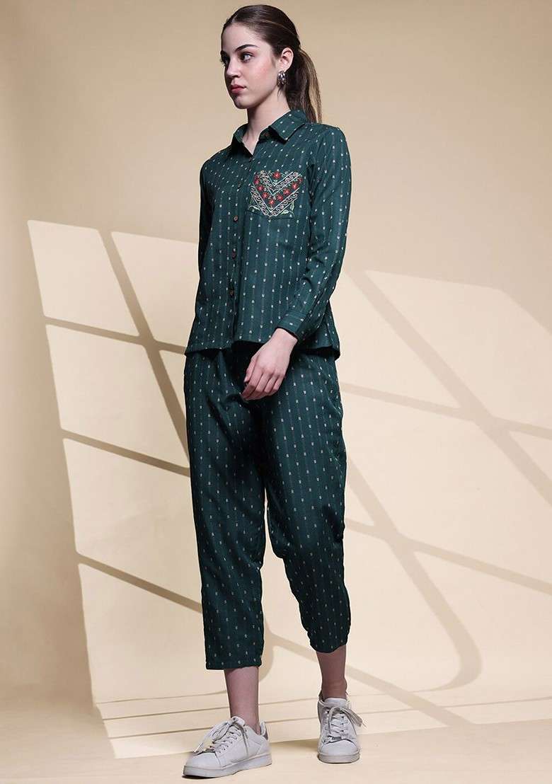 Green Printed Pure Cotton Shirt With Capris Coords - Indya