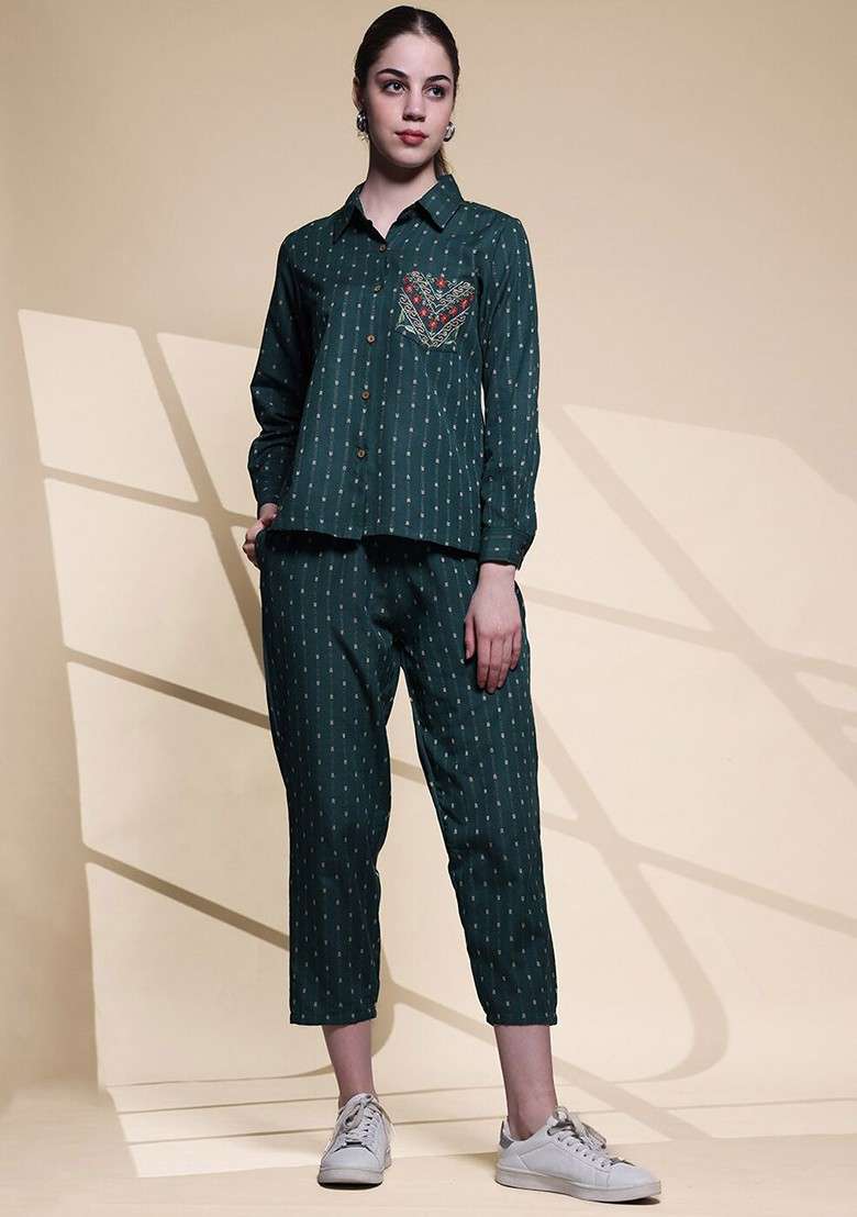 Green Printed Pure Cotton Shirt With Capris Coords - Indya