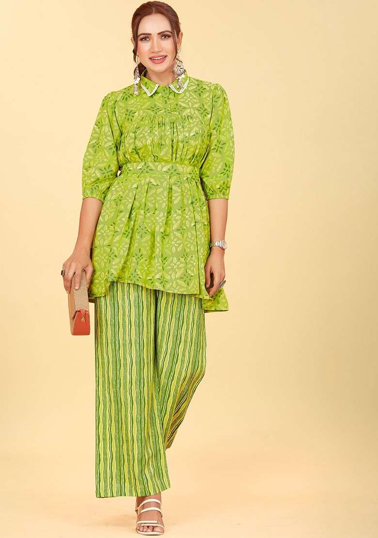 Green Floral Printed Shirt Collar Ethnic Tunic And Trousers - Indya